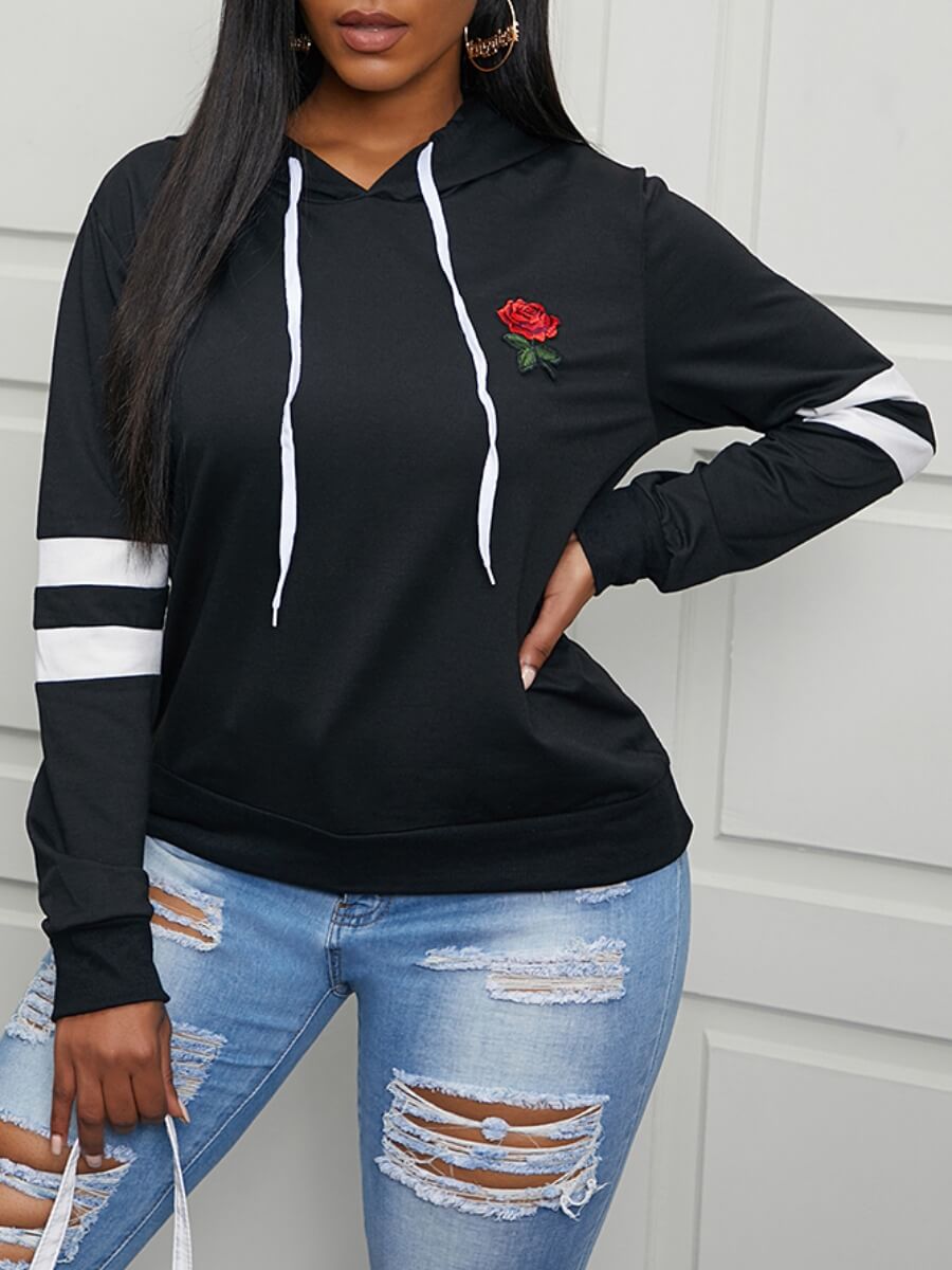 

Lovely Chic Floral Print Striped Black Hoodie