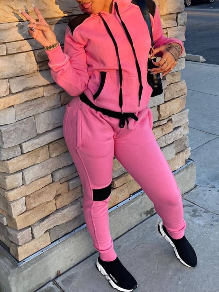 

Lovely Casual Color-lump Patchwork Drawstring Pink Two Piece Pants Set