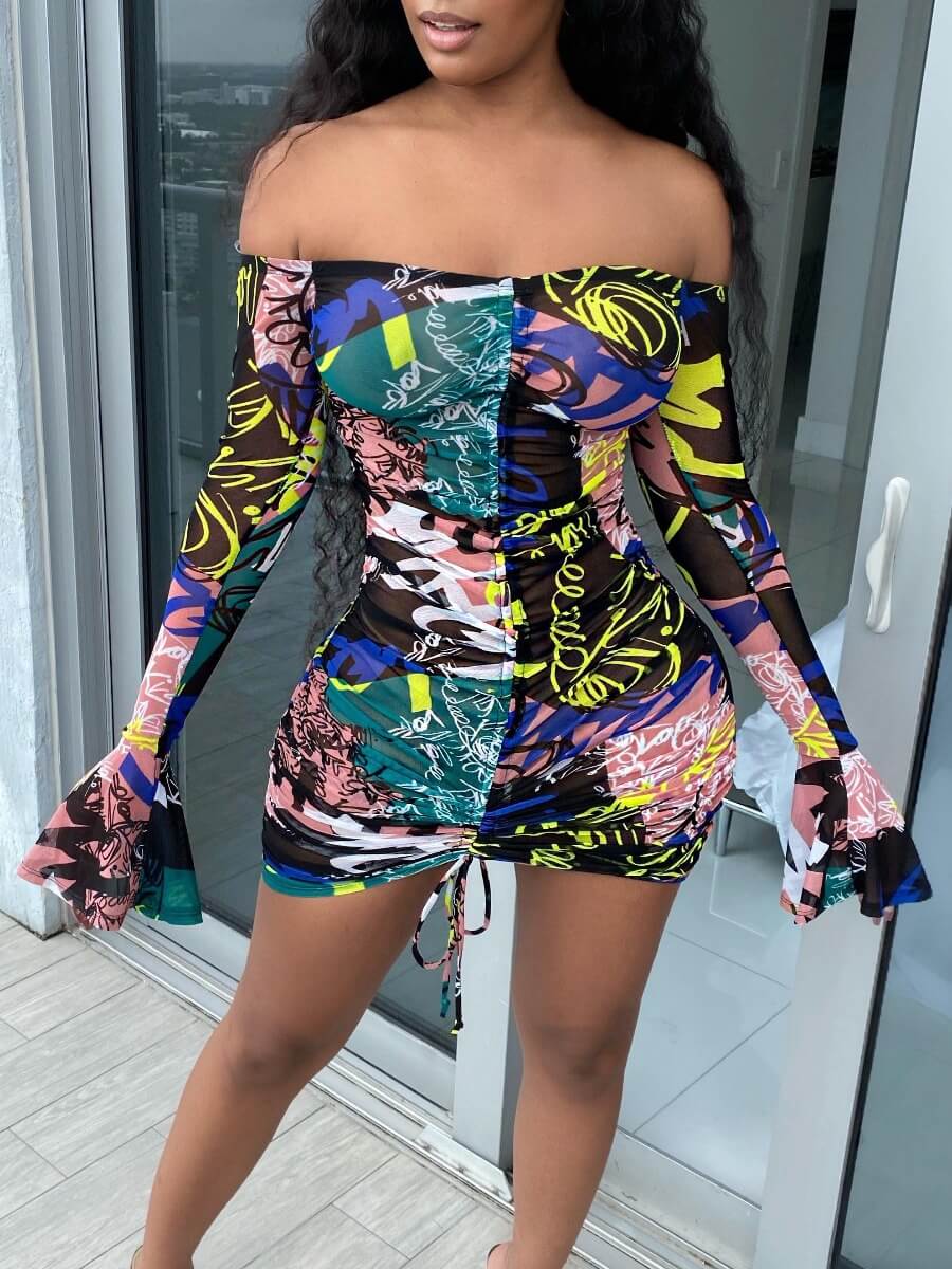 

Lovely Sexy Off The Shoulder Print Drawstring Black Mini Dress