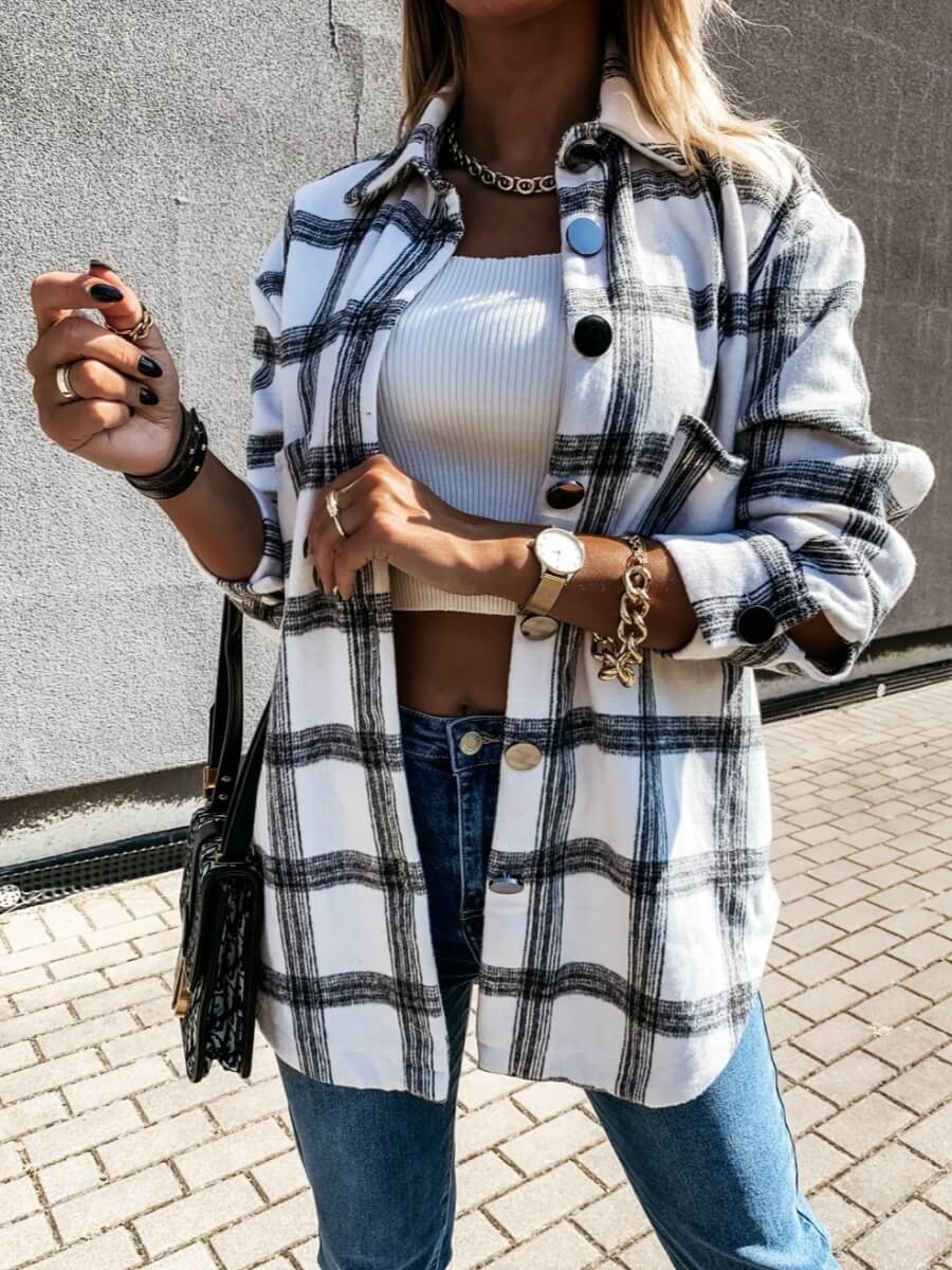 

Lovely Street Plaid Print Button Design White Coat
