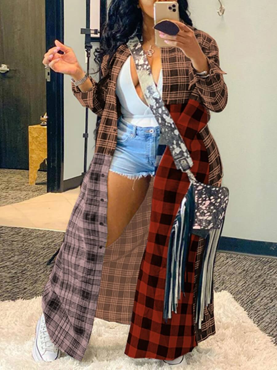 

Lovely Casual Plaid Print Patchwork Coffee Trench Coat