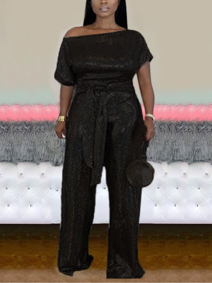 LW Plus Size Party Bateau Neck Short Sleeve Sequined Black One-piece Jumpsuit