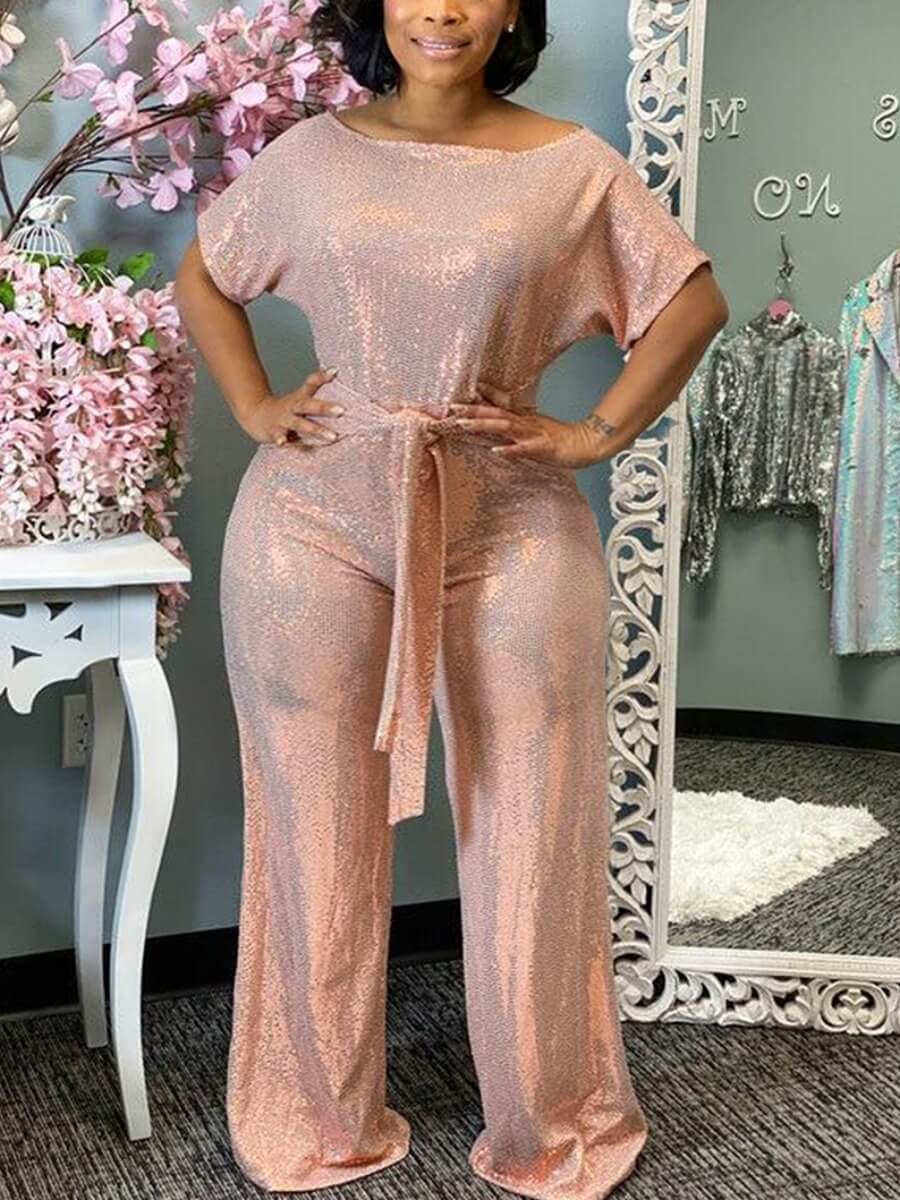 

LW Plus Size Party Bateau Neck Short Sleeve Sequined Pink One-piece Jumpsuit