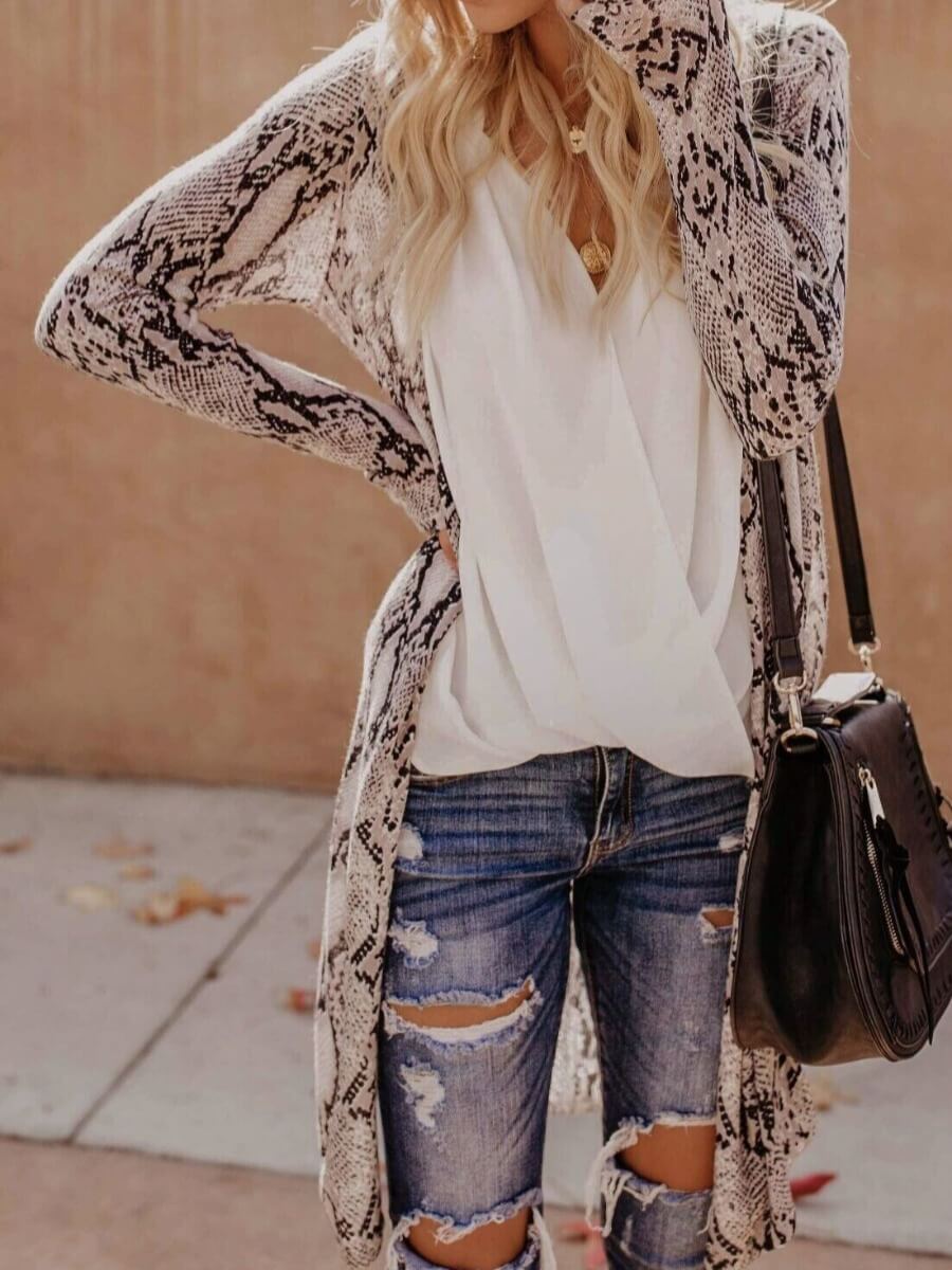 

Lovely Casual Cobra Print Patchwork Loose Coat