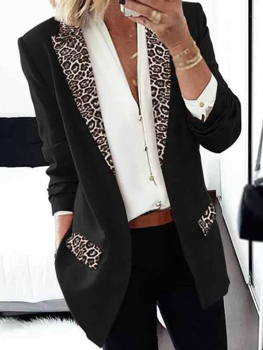 

Lovely Formal Turndown Collar Leopard Print Black Blazer