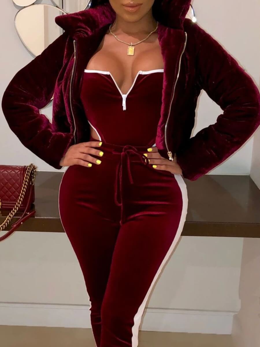 

Lovely Casual Turndown Collar Zipper Design Wine Red Parka