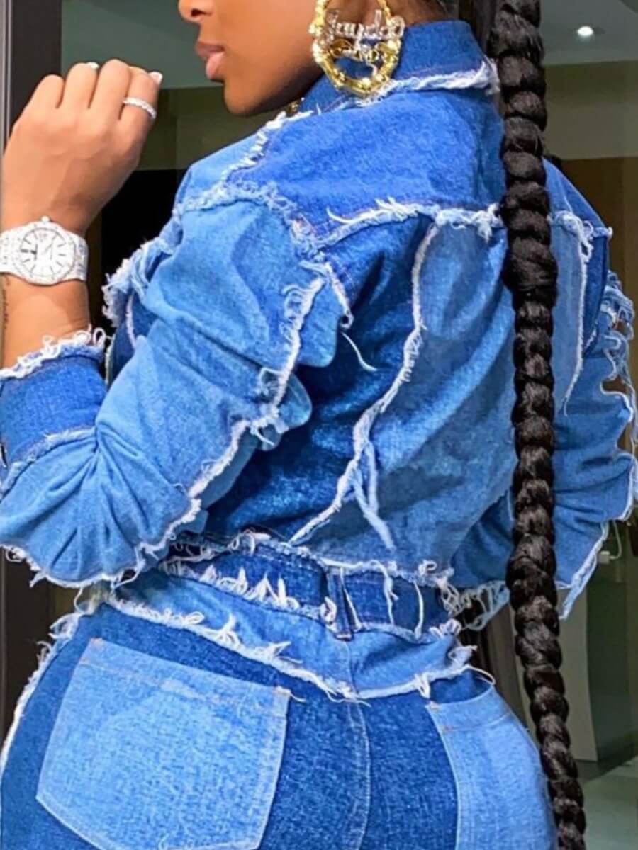 

Lovely Casual Turndown Collar Raw Edge Blue Plus Size Denim Jacket