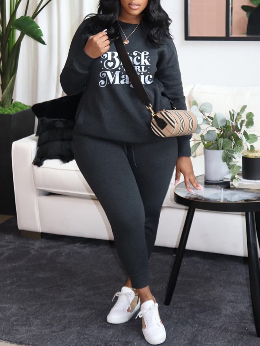 

Lovely Casual Letter Print Drawstring Black Plus Size Two-piece Pants Set