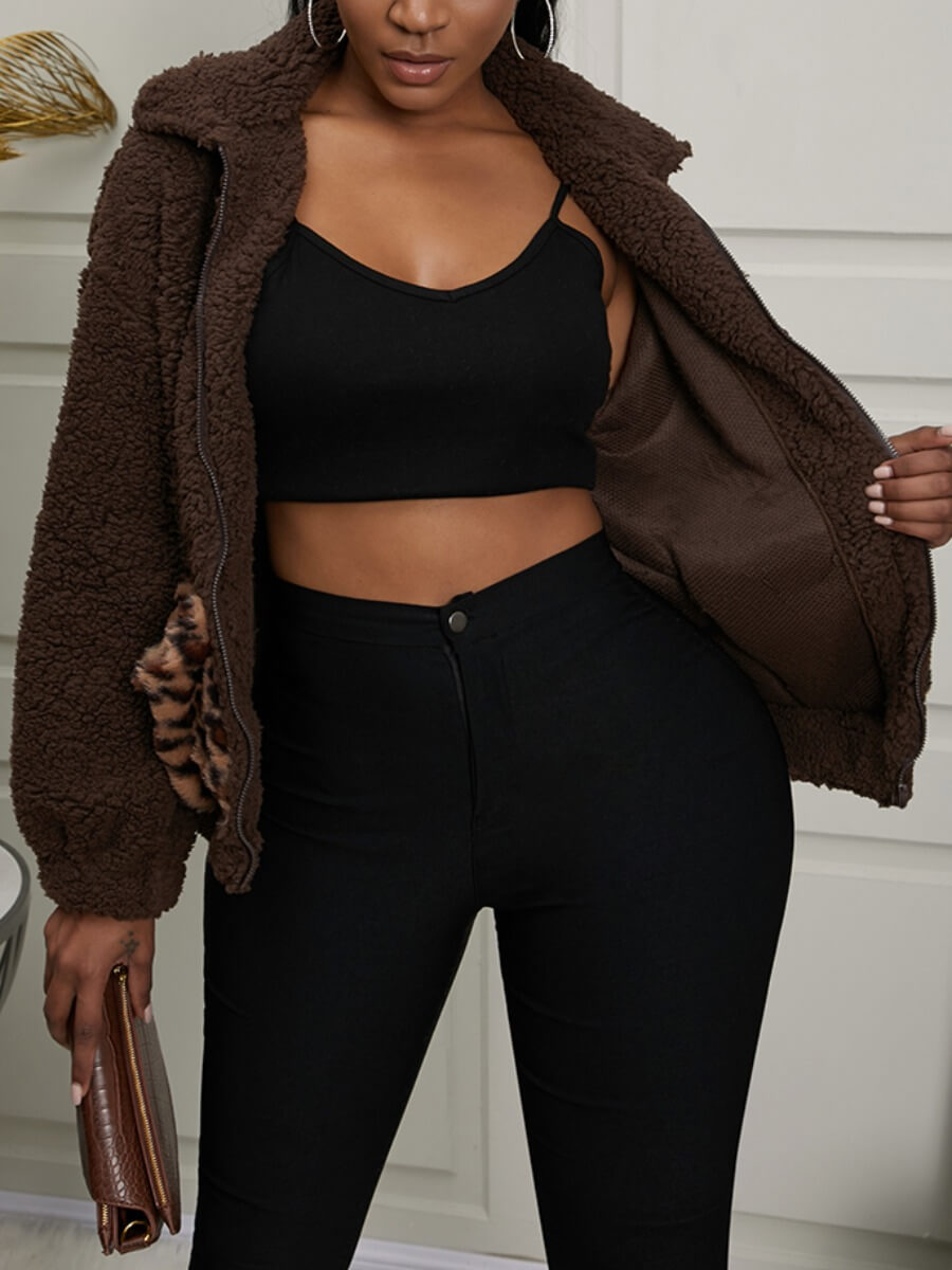 

Lovely Casual Leopard Print Zipper Design Dark Brown Faux Fur