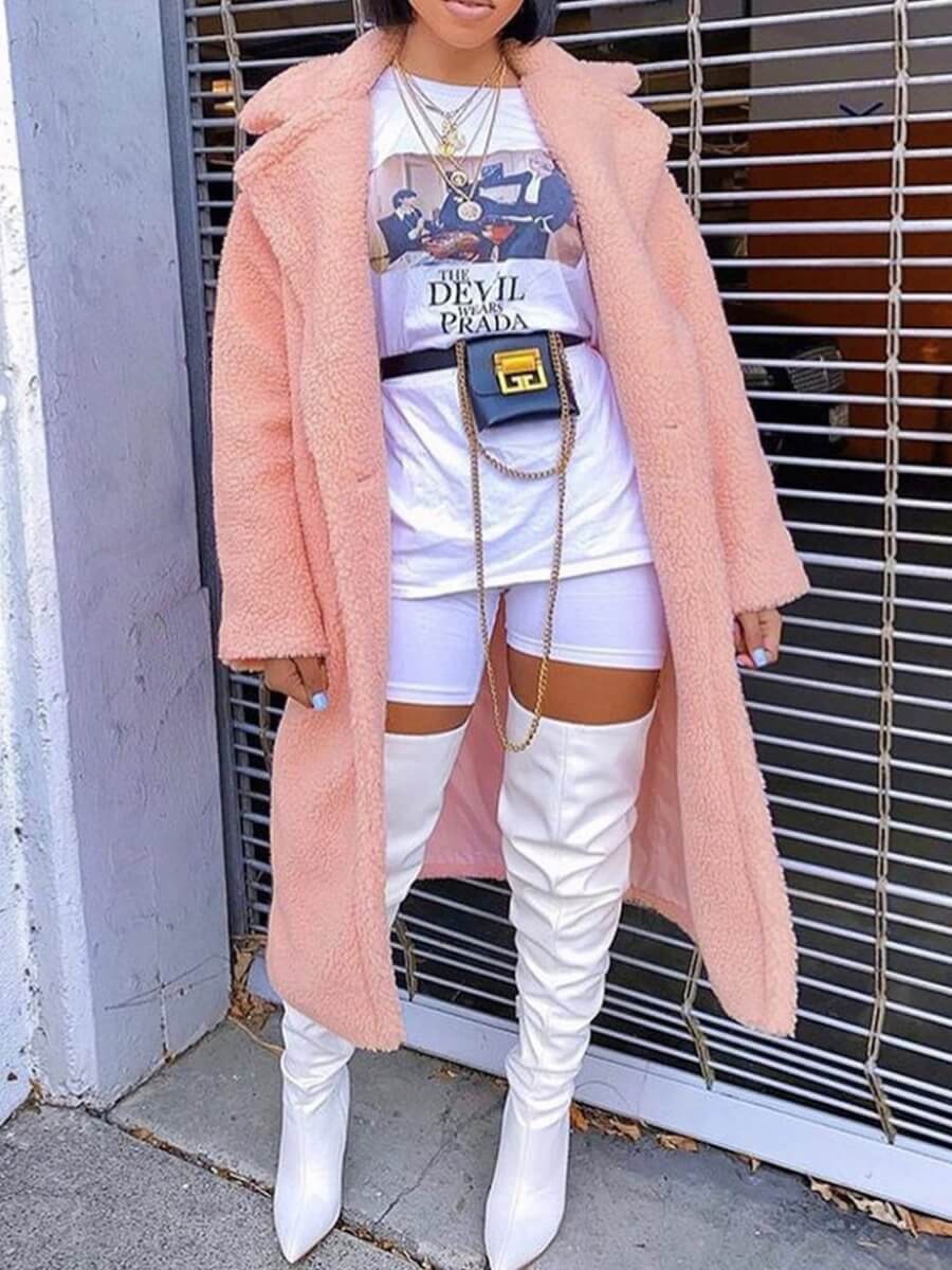 

Lovely Casual Turndown Collar Loose Pink Faux Fur