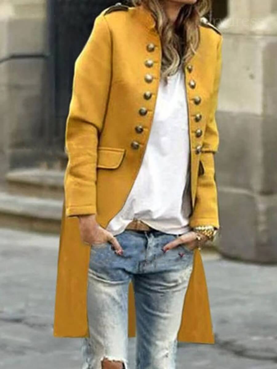 

Lovely Casual Button Pocket Design Yellow Coat