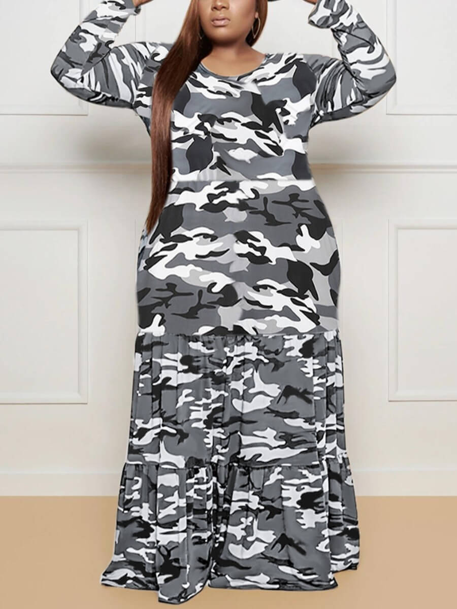 

Lovely Casual Camo Print Patchwork Grey Floor Length Plus Size Dress, Gray camouflage