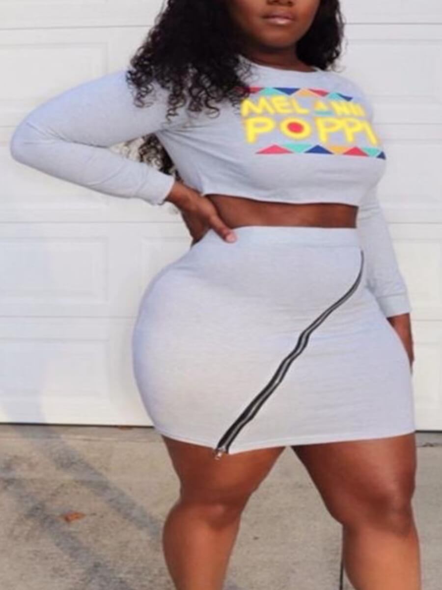 

Lovely Chic Letter Print Zipper Design Grey Plus Size Two-piece Skirt Set