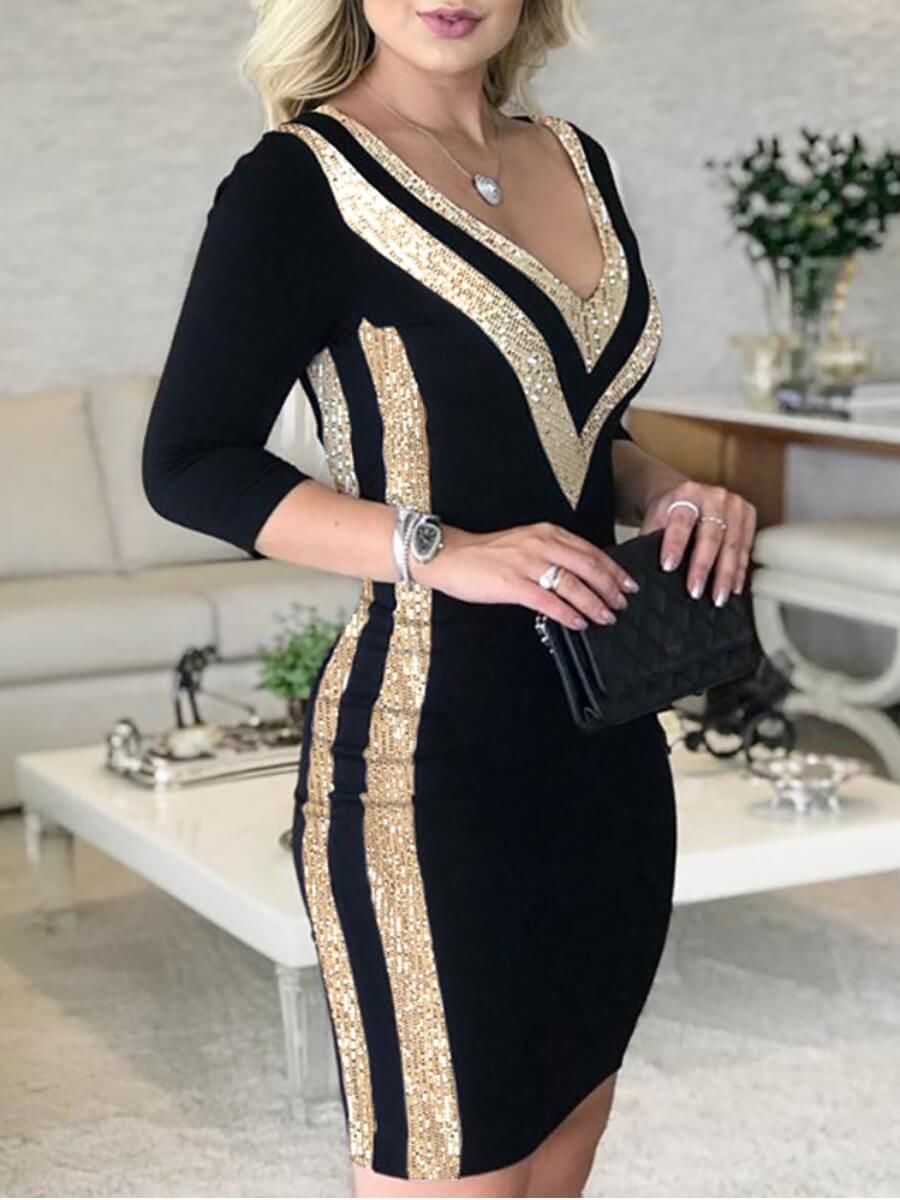 

Lovely Work V Neck Patchwork Black Knee Length Dress