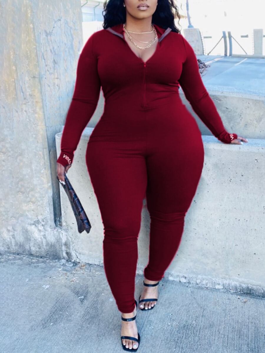 

Lovely Casual Turndown Collar Zipper Design Wine Red Plus Size One-piece Jumpsuit