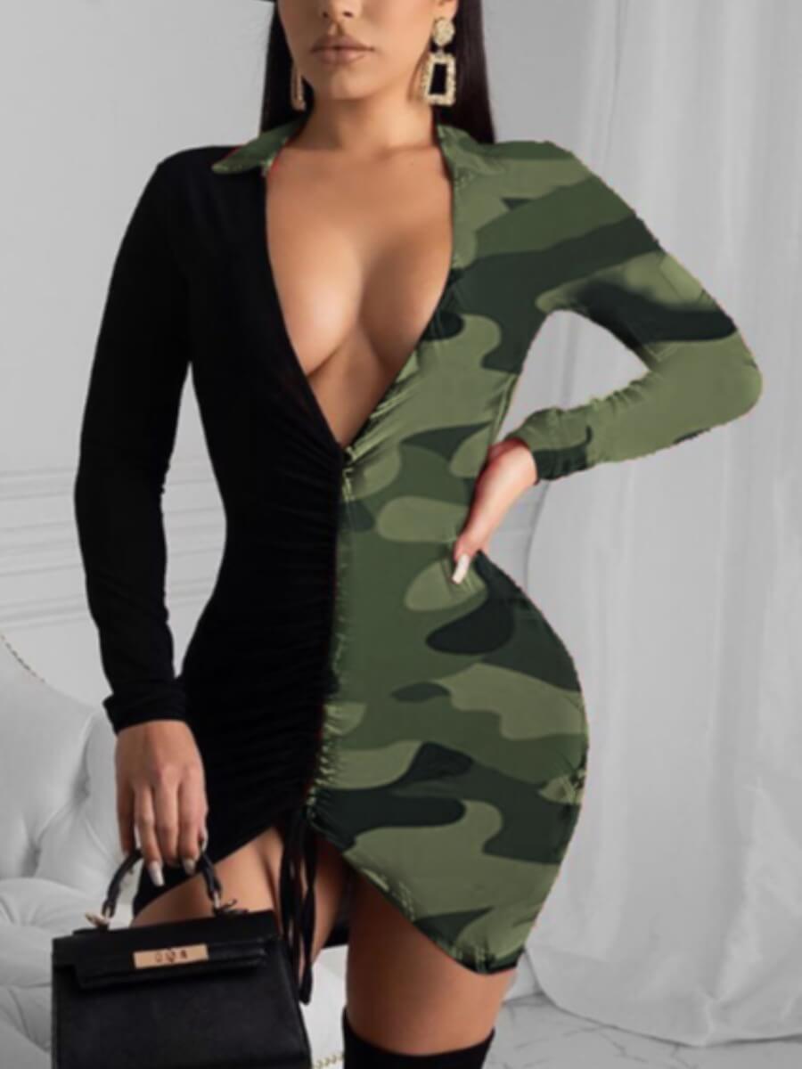 

Lovely Sexy V Neck Camo Print Drawstring Army Green Mini Dress