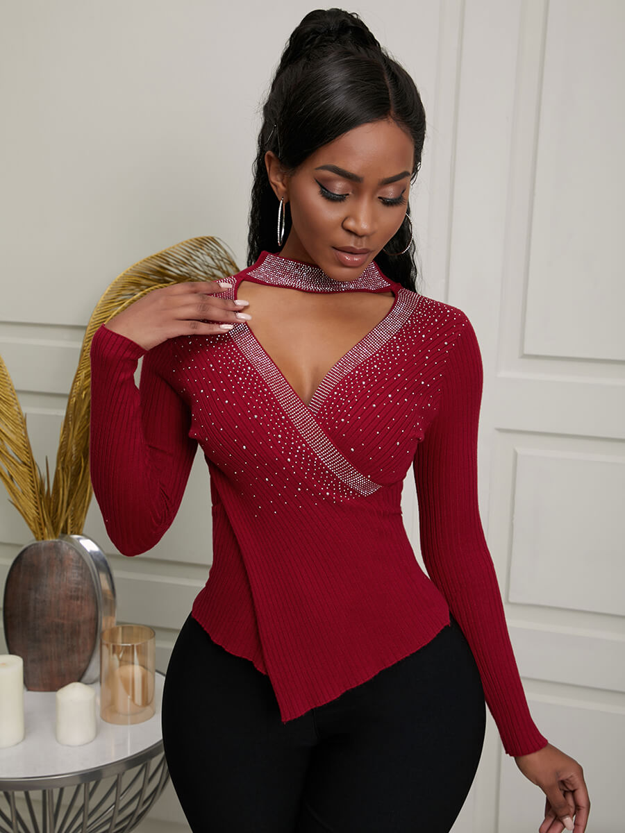 

Lovely Sexy Sequined Hollow-out Wine Red Sweater