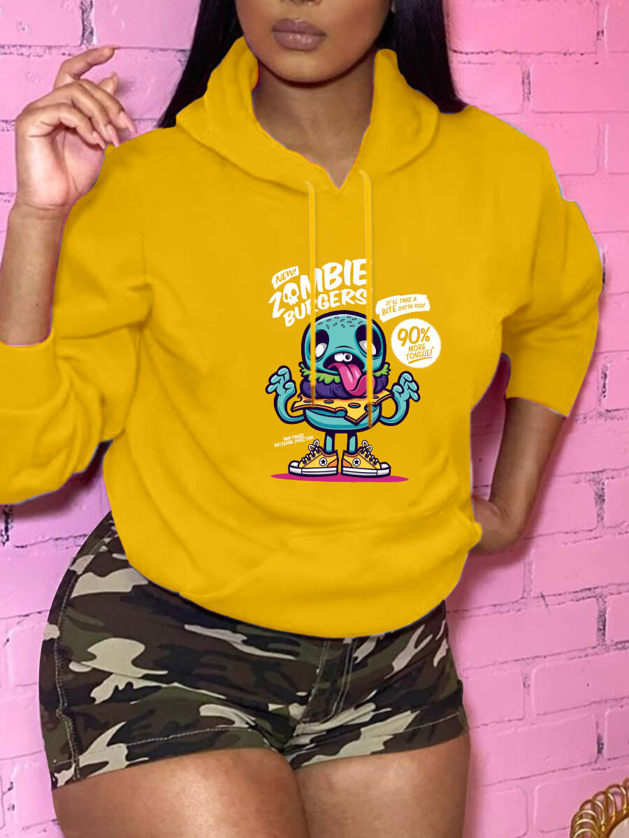 

Lovely Casual Hooded Collar Print Yellow Hoodie