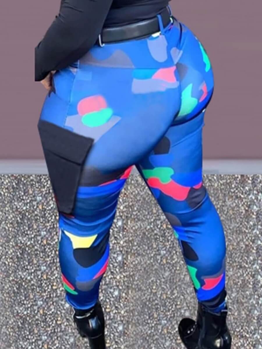 

Lovely Plus Size Casual Camo Print Side Pocket Blue Pants