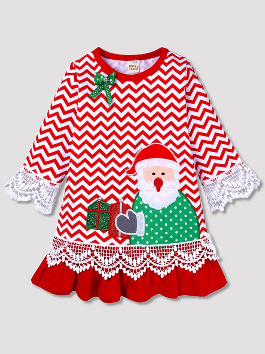 

Lovely Casual O Neck Christmas Elements Print Red Knee Length Girl Dress
