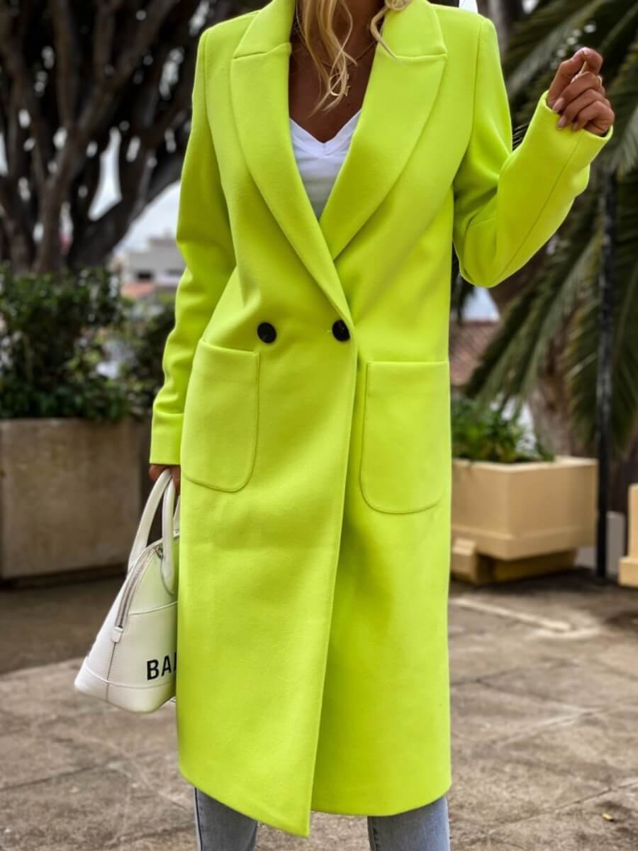 

Lovely Stylish Turndown Collar Button Design Yellow Woolen Coat