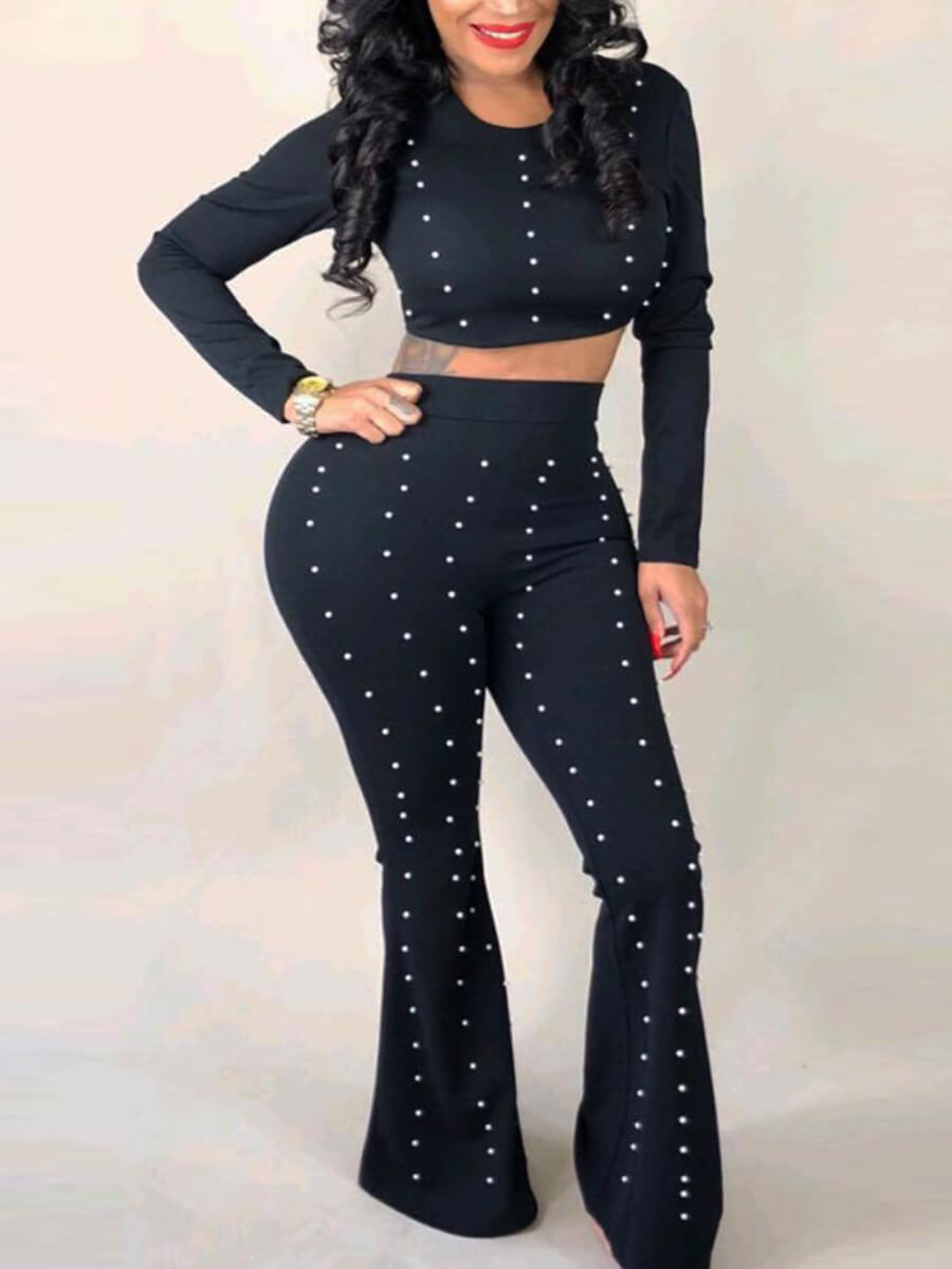 

Lovely Sweet Flared Pearl Decoration Black Two Piece Pants Set