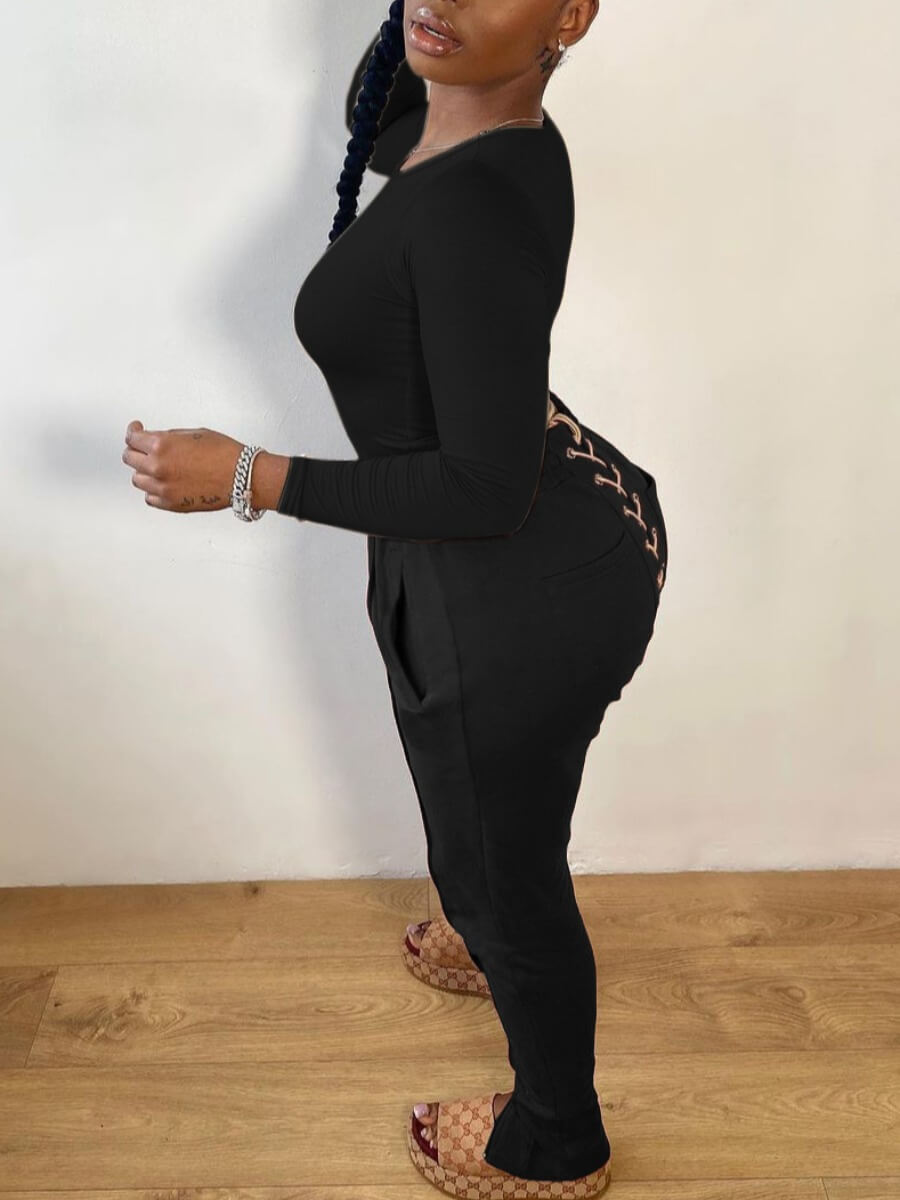 

Lovely Casual O Neck Bandage Design Black Two Piece Pants Set