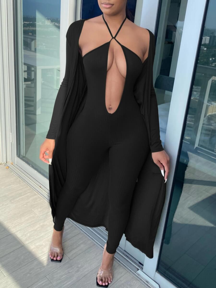 

Lovely Sexy Bandage Hollow-out Design Black Two Piece Pants Set