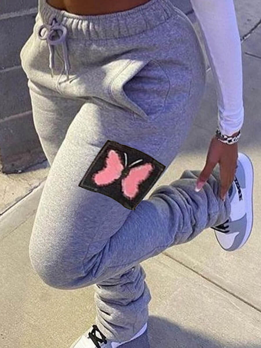 

Lovely Casual Mid Waist Butterfly Print Grey Plus Size Pants