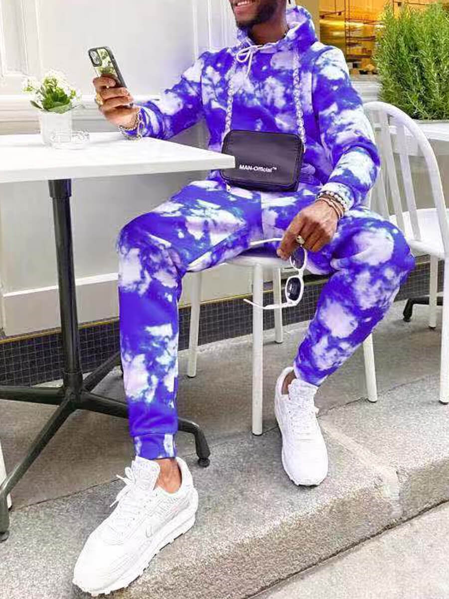 

LW Men Trendy Hooded Collar Tie-dye Blue Two-piece Pants Set