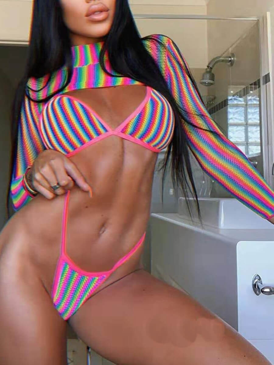 

LW BASICS Sweet Striped Patchwork Rose Red Two-piece Swimsuit