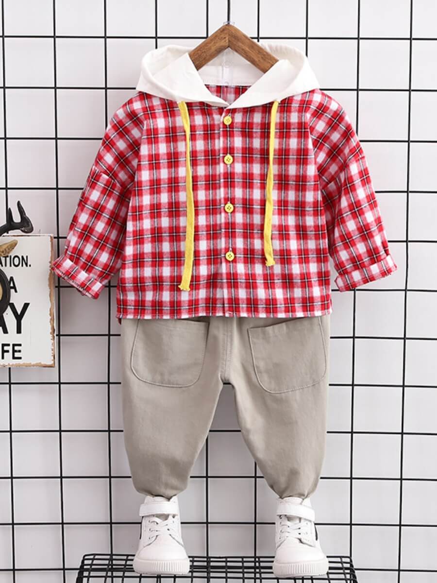 

Lovely Casual Hooded Collar Plaid Print Red Boy Two Piece Pants Set