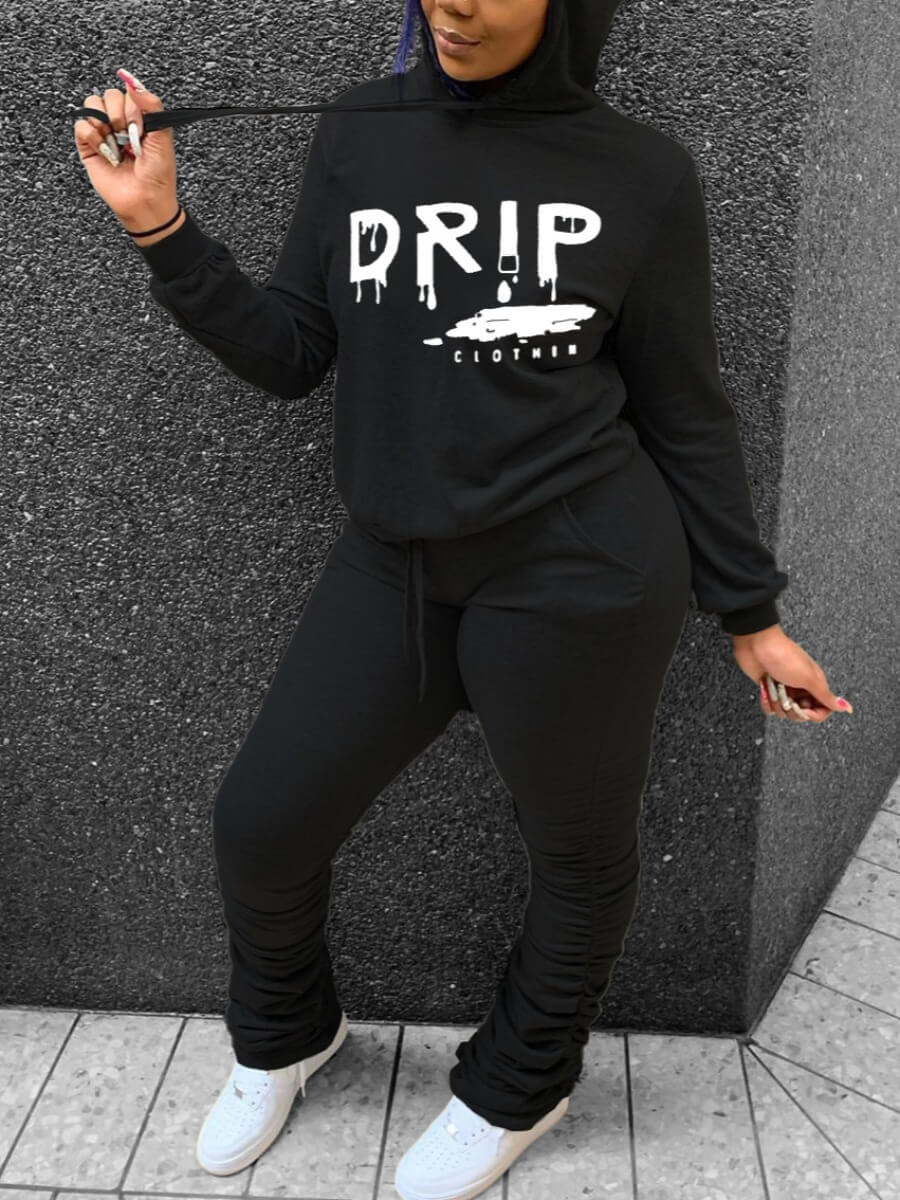 

Lovely Street Letter Print Fold Design Black Two Piece Pants Set