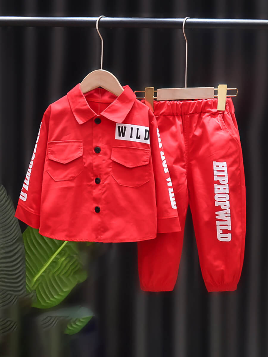 

Lovely Street Letter Print Pocket Design Red Boy Two Piece Pants Set