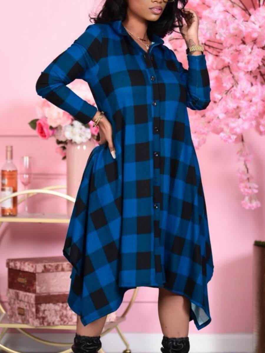 

Lovely Casual Plaid Print Asymmetrical Blue Mid Calf Shirt Dress