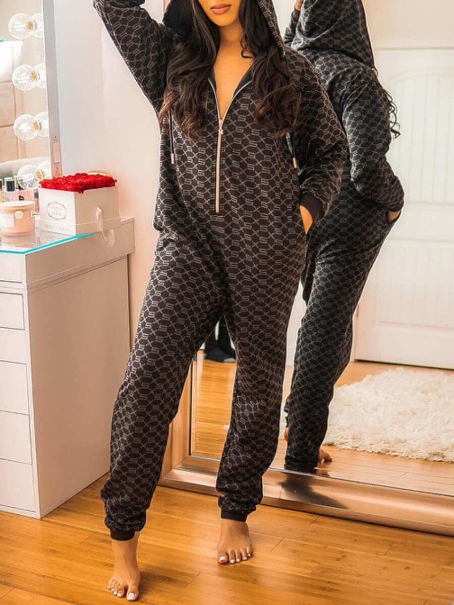 

Lovely Casual Hooded Collar Geometric Print Black One-piece Jumpsuit