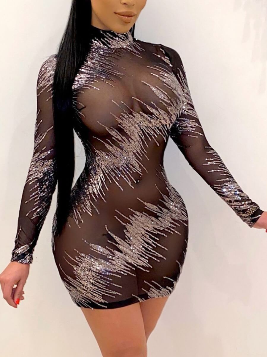

Lovely Sexy Sequined See-through Silver Mini Evening Dress