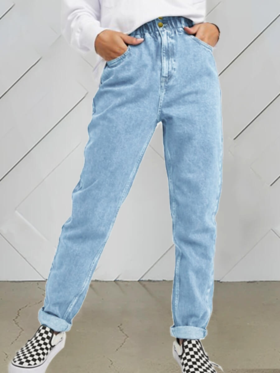 

Lovely Casual High-waisted Elastic Baby Blue Jeans