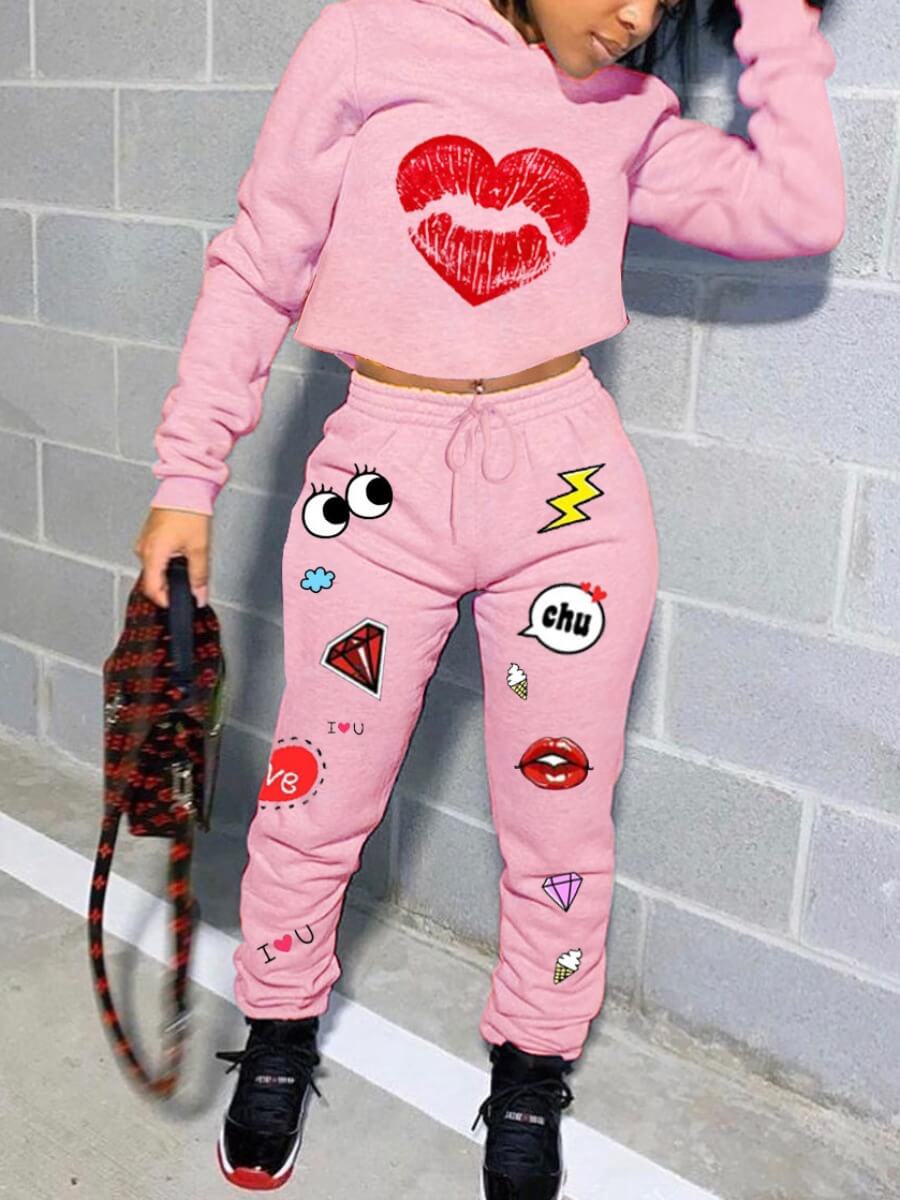 

Lovely Street Hooded Collar Lip Print Pink Two Piece Pants Set