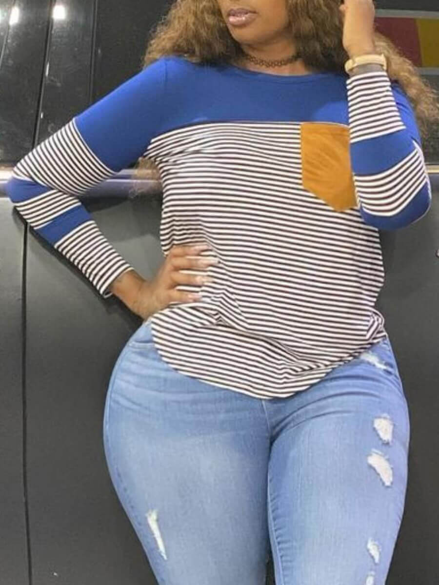 

Lovely Casual Striped Patchwork Blue Plus Size T-shirt