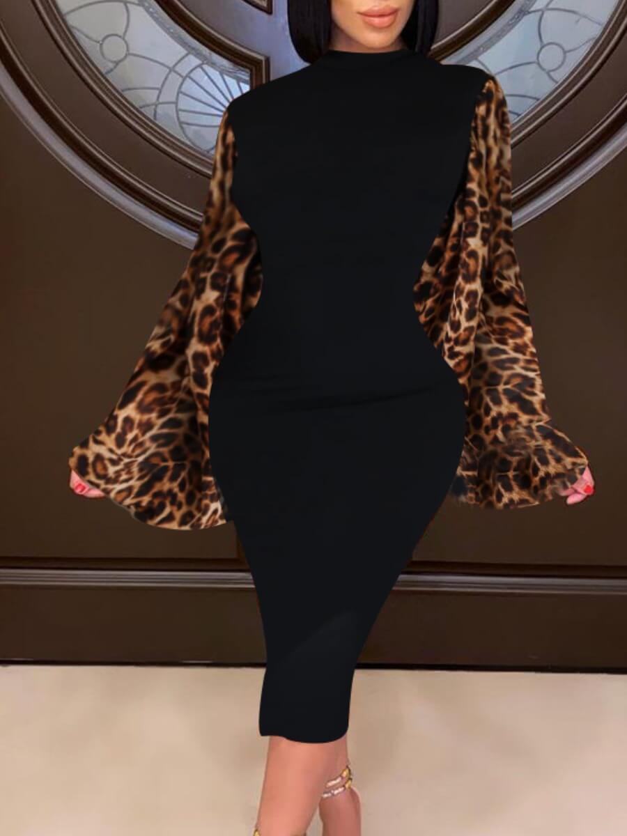 

Lovely Trendy Batwing Sleeve Leopard Print Patchwork Black Mid Calf Dress