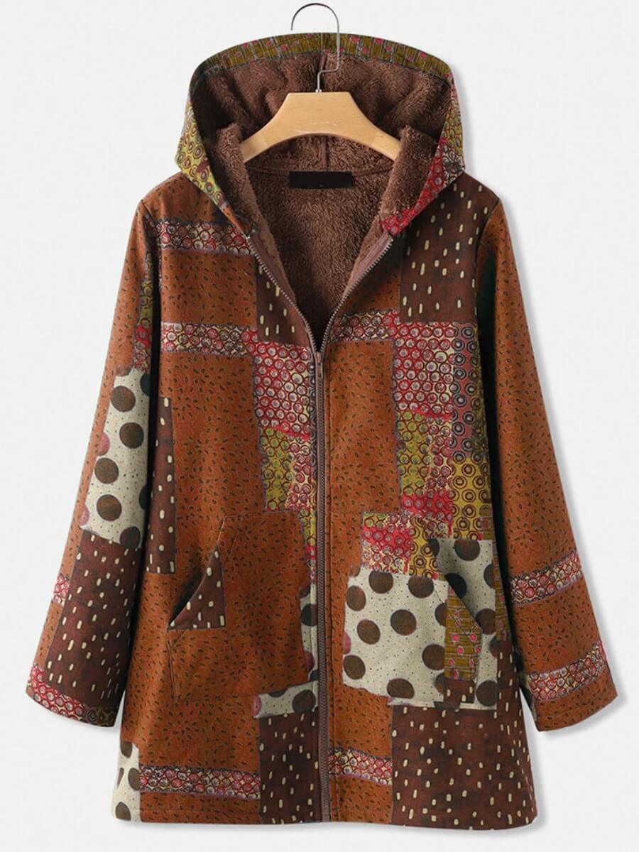 

Lovely Casual Hooded Collar Print Patchwork Caramel Coat, Caramel color