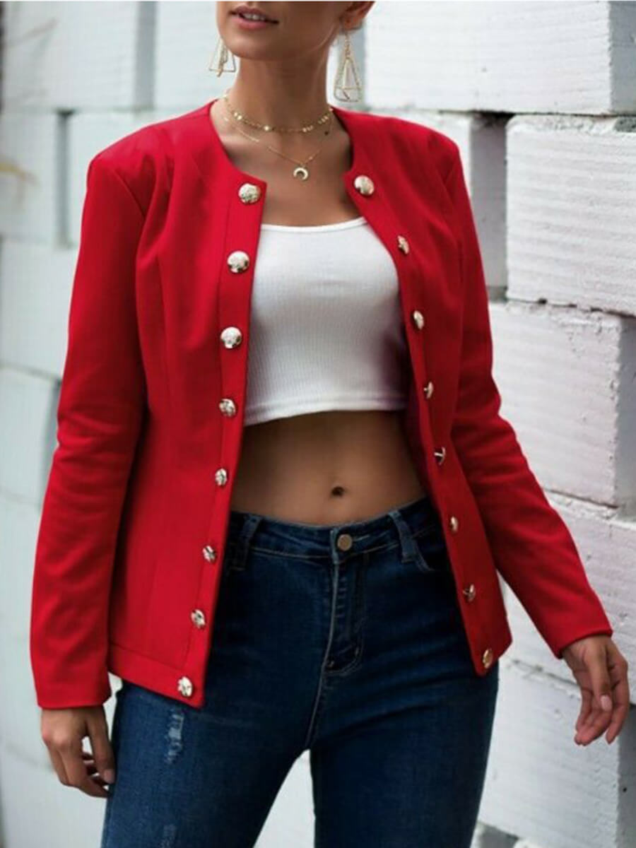 

Lovely Stylish O Neck Button Design Red Plus Size Coat