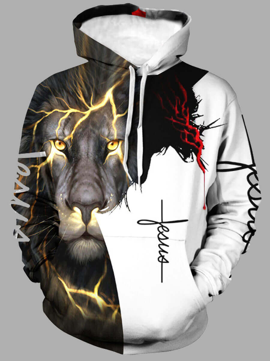 

Lovely Street Lion Print Patchwork White Men Hoodie