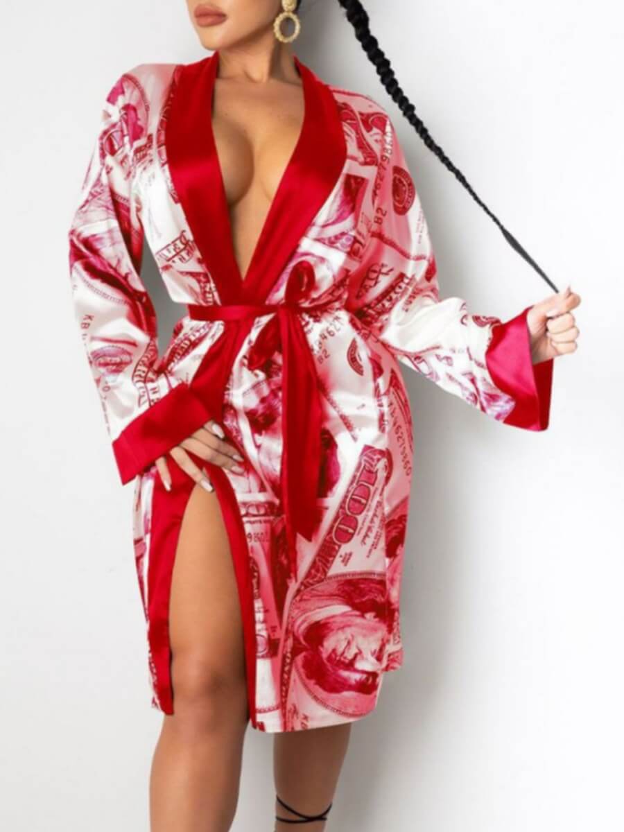 

Lovely Street Money Print Lace-up Red Trench Coat