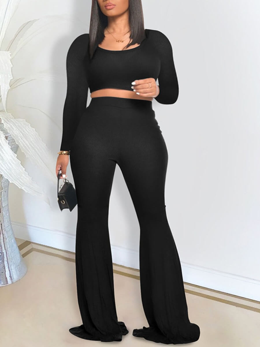 

Lovely Casual O Neck Flare Pants Black Two Piece Pants Set