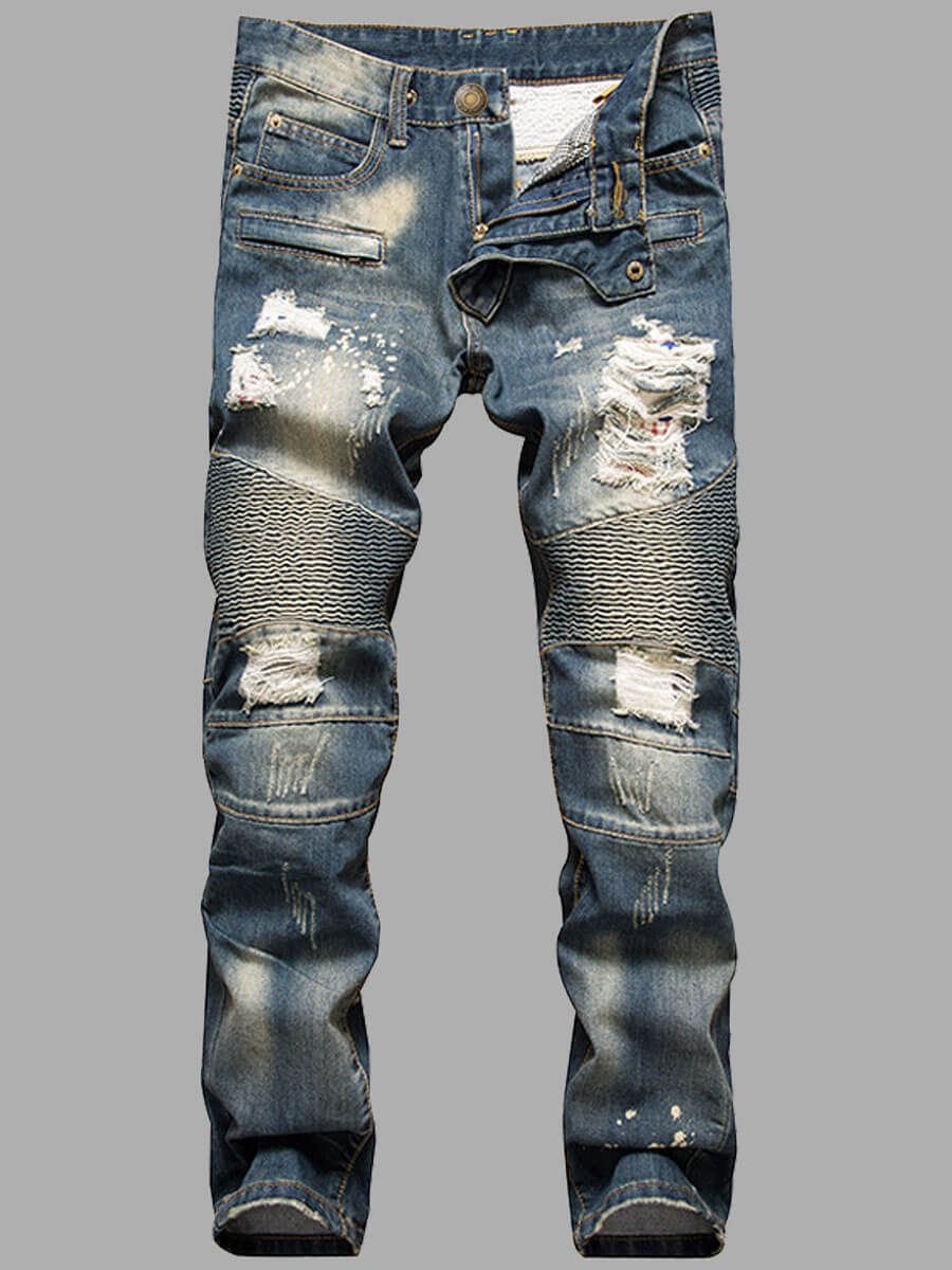 

Lovely Men Casual Broken Holes Patchwork Blue Jeans