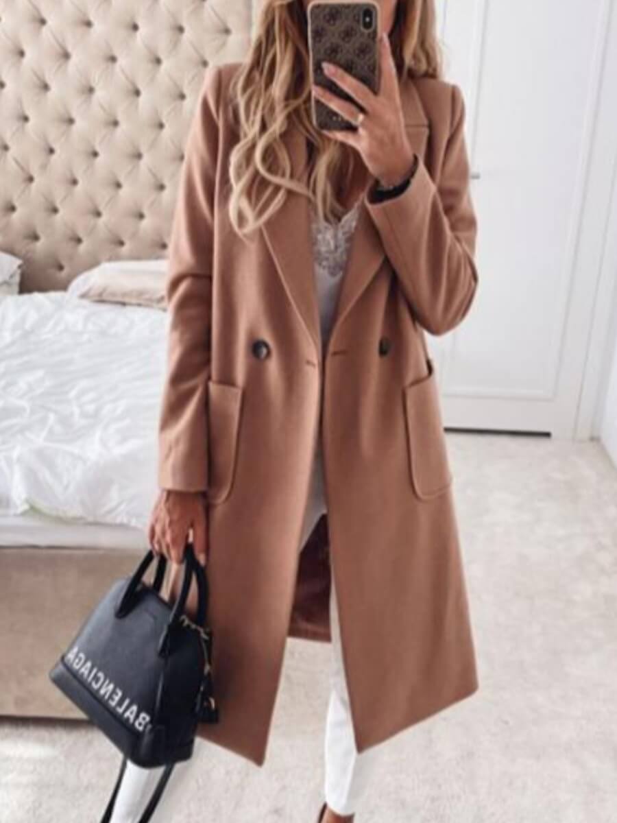 

Lovely Stylish Turndown Collar Button Design Khaki Woolen Coat