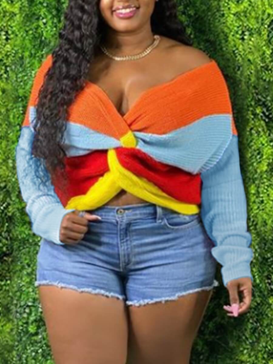 

Lovely Street V Neck Bandage Design Striped Patchwork Multicolor Sweater, Multicolor mstn