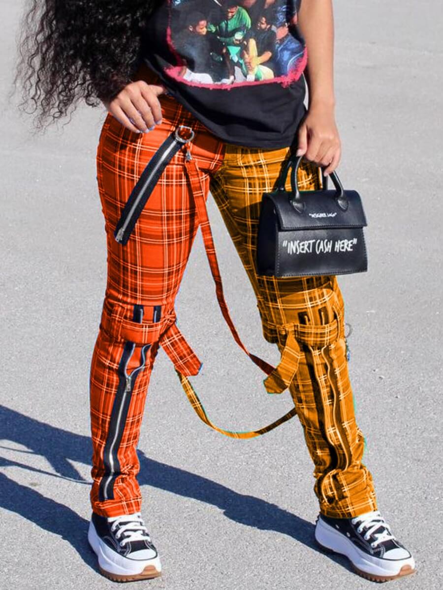 

LW Casual Plaid Print Patchwork Orange Pants